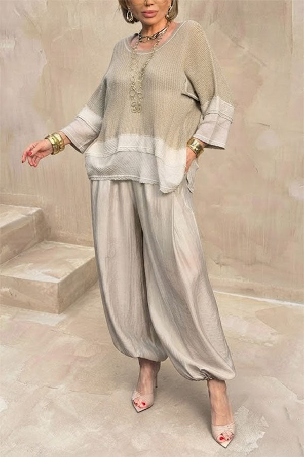 Lucy Knit Cutout Layered Design Half Sleeve Top and Satin Elastic Waist Pocketed Lantern Pants Set-Consonak