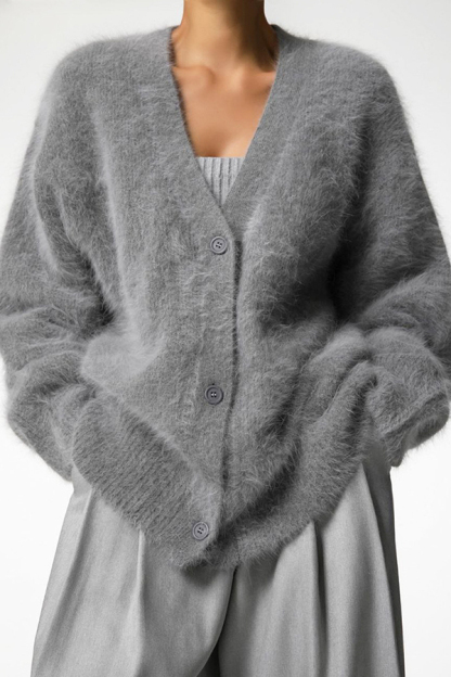 Solid Color Loose V-neck Long-sleeved Lazy Knitted Cardigan-consonak
