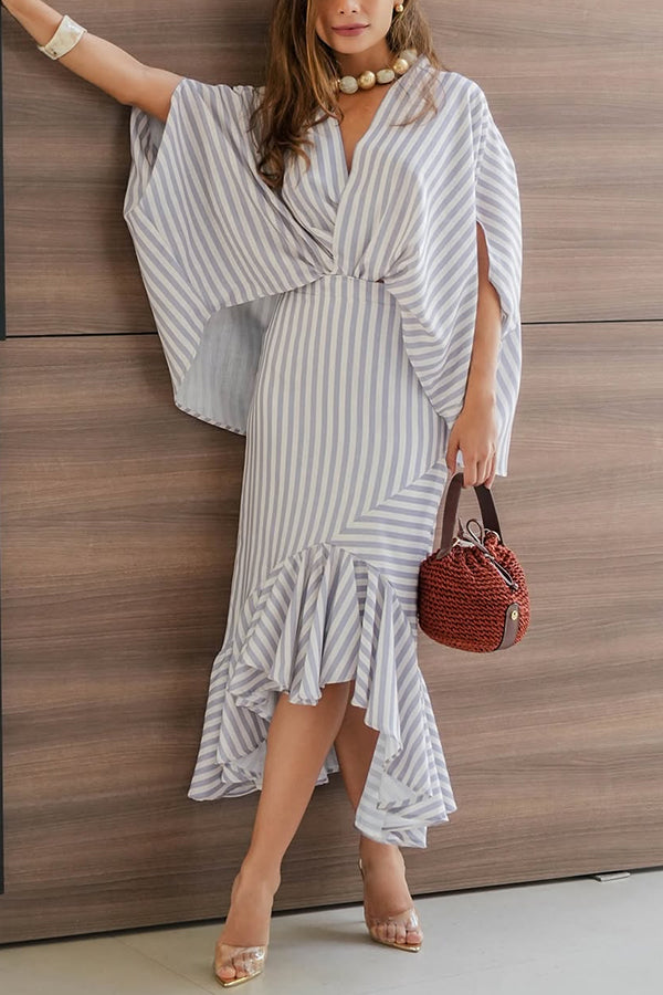 Tierra Striped V-neck Batwing Sleeve Loose Shirt and High Waist Irregular Fishtail Hem Midi Skirt Set-consonak