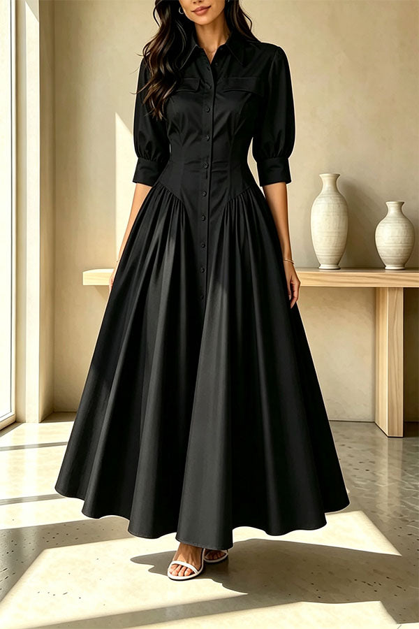 Elegant Linen Blend High Waisted Button Front Detail Pocket Shirt Umbrella Maxi Dress-Consonak