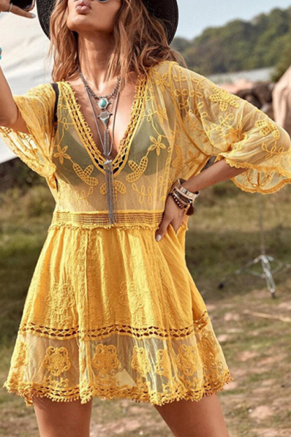 Lace V Neck Hollow Short Sleeved Cover Up-consonak