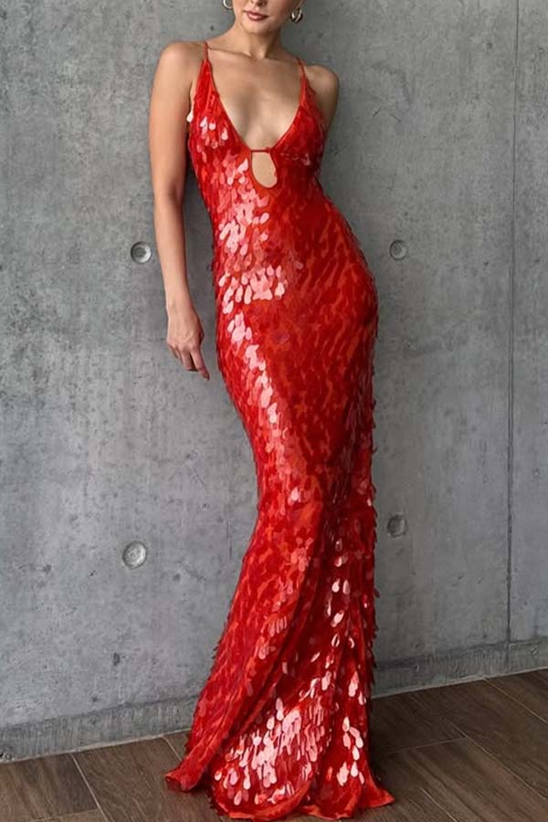 Reshape Beauty Fish Scale Sequin Cutout U-neck Slip Maxi Dress | Consonak