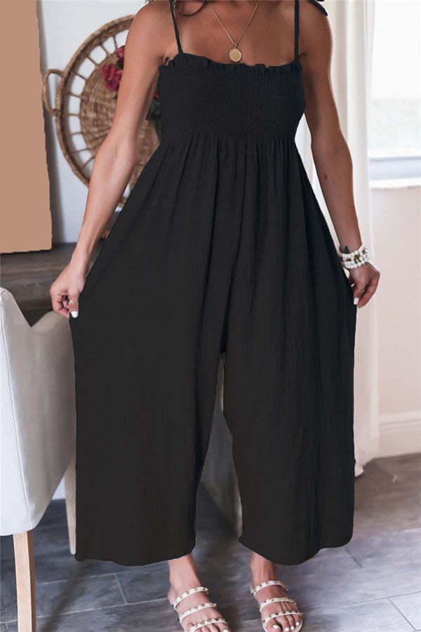 Elegant Solid Color High Waist Linen Blend Suspender Pleated Jumpsuit-consonak