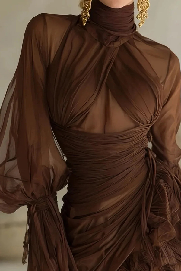 Sexy See-through Mesh High-neck Waist Pleated Ruffle Mini Dress-consonak