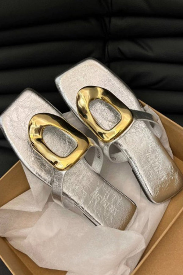 Versatile Square Toe Thong Casual Flat Metal Buckle Sandals-consonak