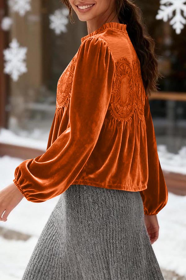 Fashionable Velvet and Lace Patchwork Loose Long-sleeved Top-consonak