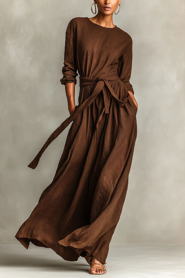 Linen Blend Round Neck Long Sleeve Waist Tie Casual Pocket Maxi Dress