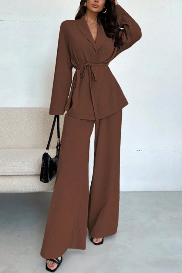Solid Color Collared Long-sleeved Tie-waist Loose Top and Elastic Waist Casual Wide-leg Pants Set-consonak