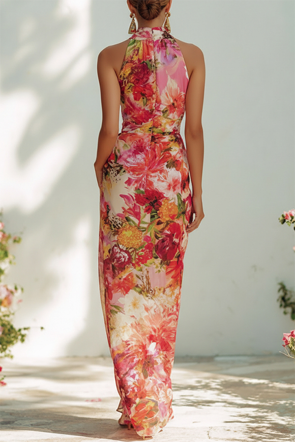 Garden Glamour Chiffon Floral Print High Neck Sleeveless Slit Maxi Dress-consonak