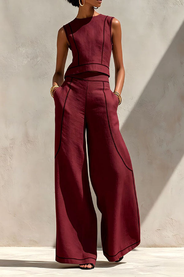 Elysia Contrast-Stitch Linen Two-Piece Set-Consonak