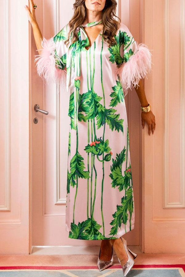 Darling Satin Botanical Print Tie-up Neck Half Sleeve Feather Trim Caftan Midi Dress | Consonak