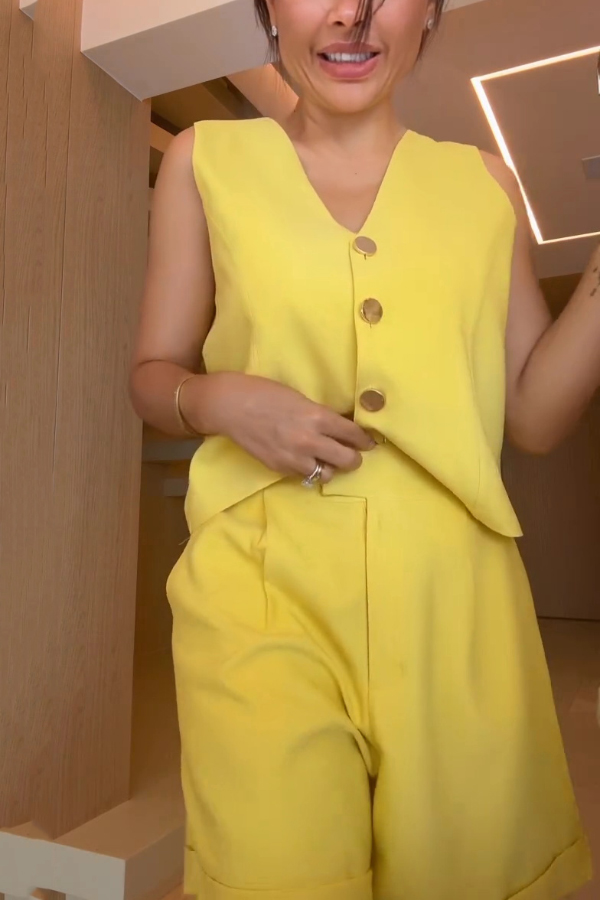 Linen Blend Solid Color V-neck Sleeveless Button-down Loose Top and Elastic Waist Pocket Casual Shorts Set