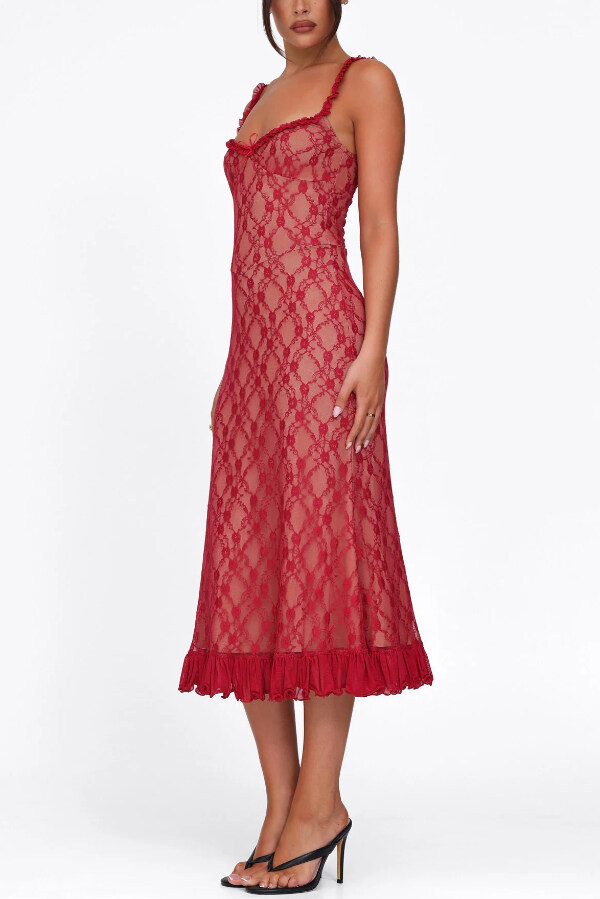 Stylish Plaid Camisole Lace Slim-fit Elegant Midi Dress-consonak