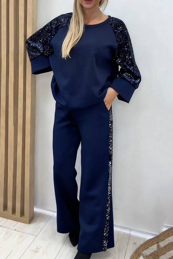 Stylish Sequined Loose-fitting Crew Neck Top and Casual Pocket Wide-leg Pants Set-consonak
