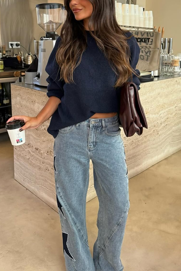 Jessy Denim Mid Rise Side Star Pattern Pocket Wide Leg Jeans-consonak