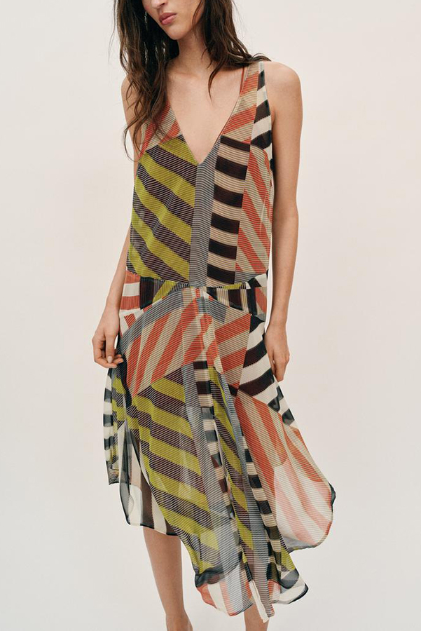 Khloe Patchwork Striped Color Block Print Wide Straps Asymmetric Hem Drape Midi Dress-consonak