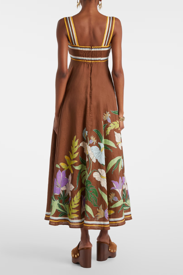 Brown Floral Linen Midi Dress | Consonak