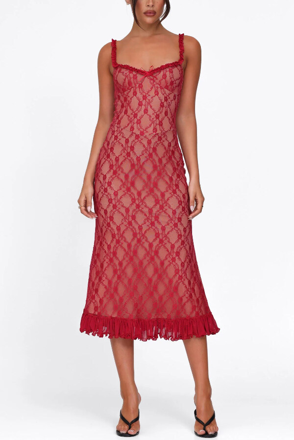 Stylish Plaid Camisole Lace Slim-fit Elegant Midi Dress-consonak