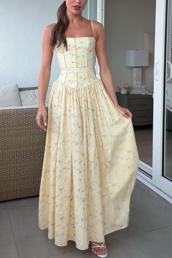 Romantic Countryside Stretch Cotton Blend Floral Print Cutout Trim Slip Midi Dress-consonak