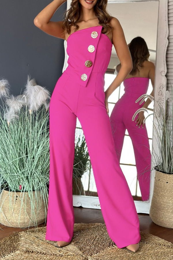 Solid Color Sexy Tube Top Gold Button Embellished Bootcut Jumpsuit-consonak