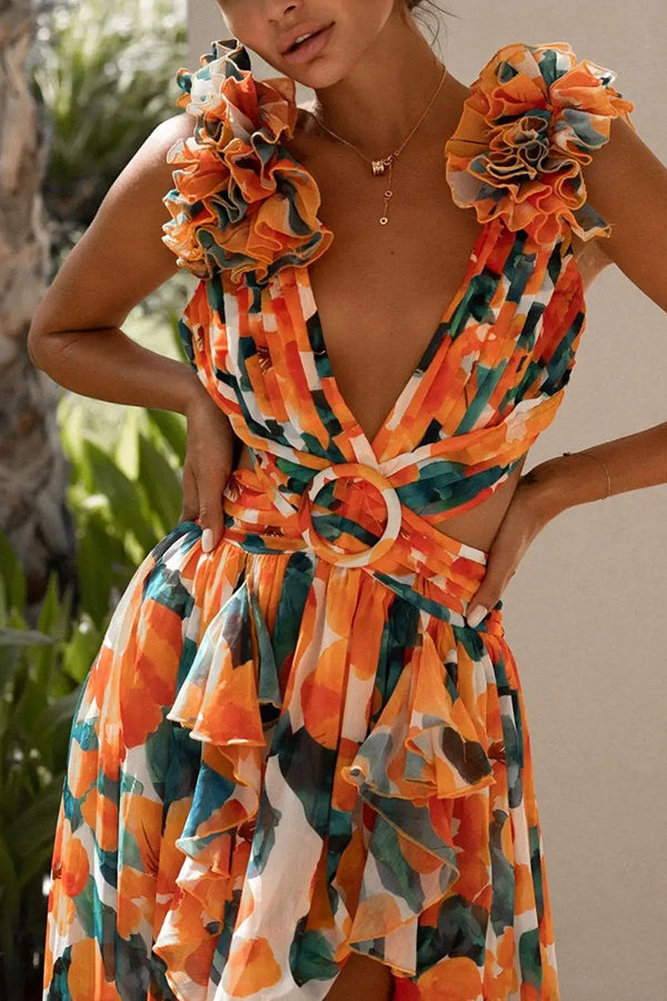 Lost in The Melody Chiffon Printed Flutter Sleeve Cutout Back Lace-up Maxi Dress-consonak