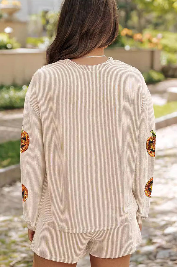 Christmas Sequined Loose Long-sleeved Top and Elastic Waist Casual Shorts Set-consonak