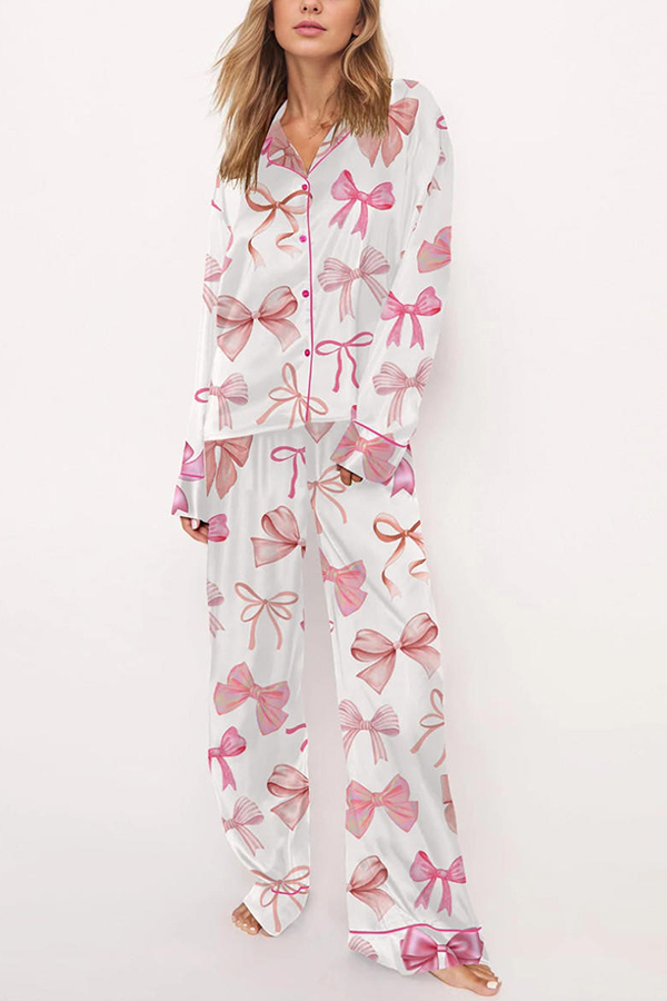 Stylish Bow-print Casual Long-sleeved Shirt and Elastic-waisted Wide-leg Pants Set-consonak