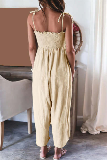 Elegant Solid Color High Waist Linen Blend Suspender Pleated Jumpsuit-consonak