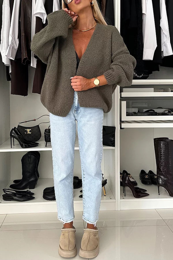 Explore Autumn Knit Open Front Long Balloon Sleeve Loose Cardigan-consonak