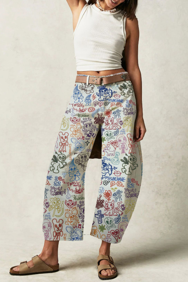 Fashionable Printed Casual Loose Mid-rise Pocket Leg Jeans