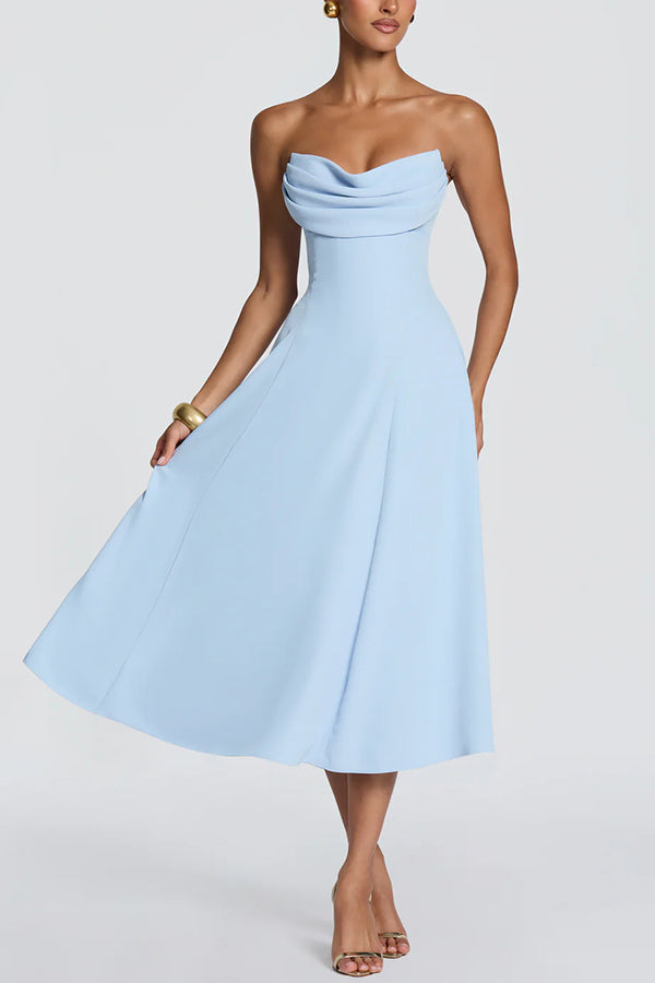 Marlowe Pleated Cowl Neck Strapless Back Lace-up Midi Dress