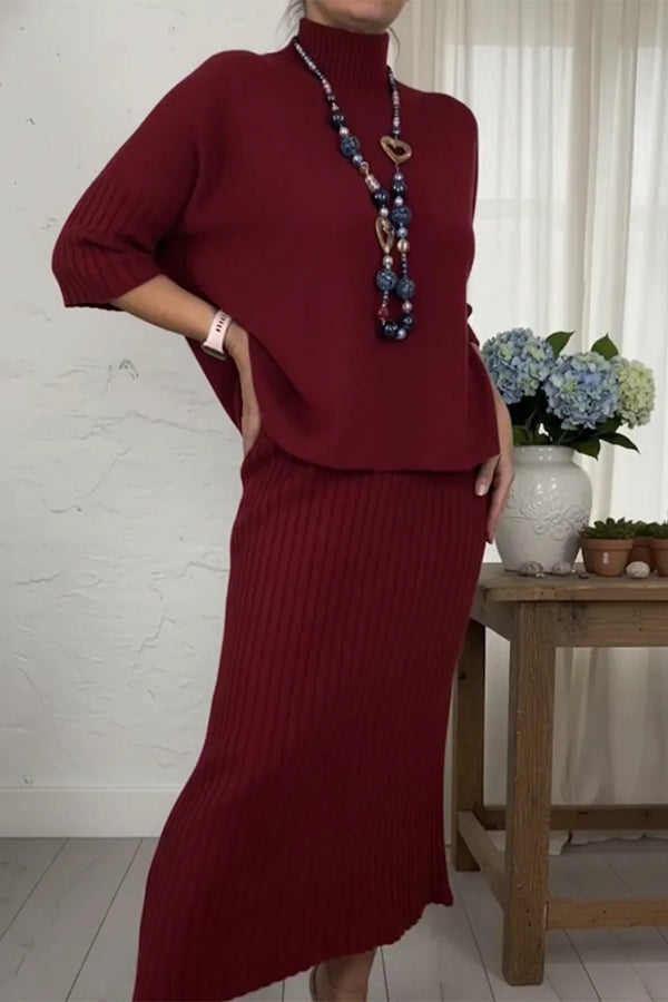 Solid Color Loose-fitting Turtleneck Knit Sweater and Stretchy Elegant Midi Skirt Set-consonak