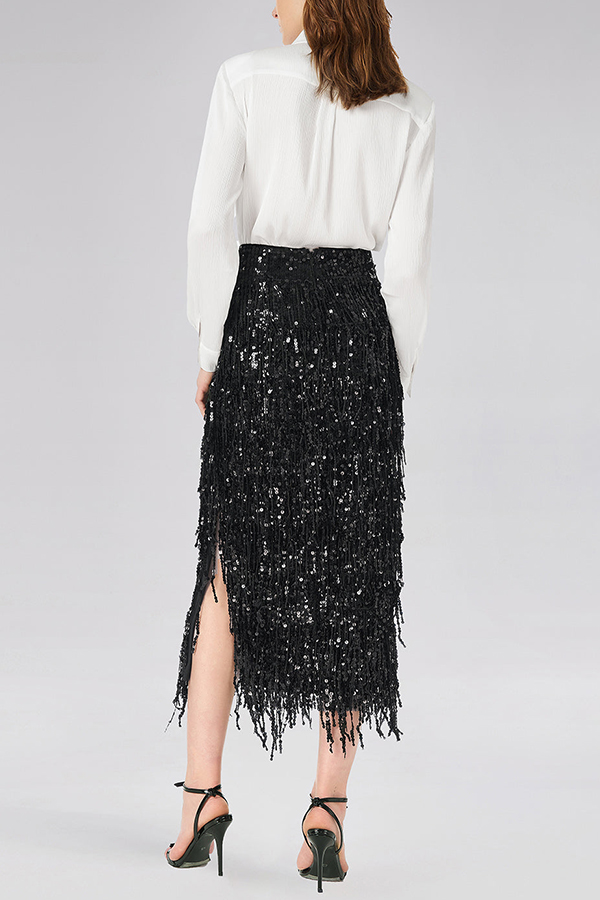 Evening Charm Layered Sequined Tassels High Rise Back Zipper Slit Midi Skirt | Consonak