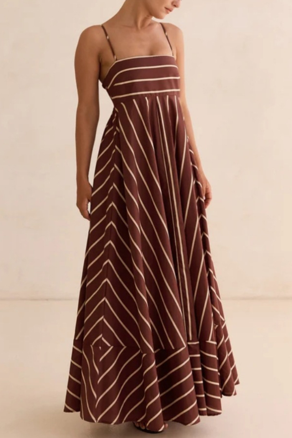 Striped Print Square Neck Spaghetti Strap High Waist Casual Maxi Dress-consonak