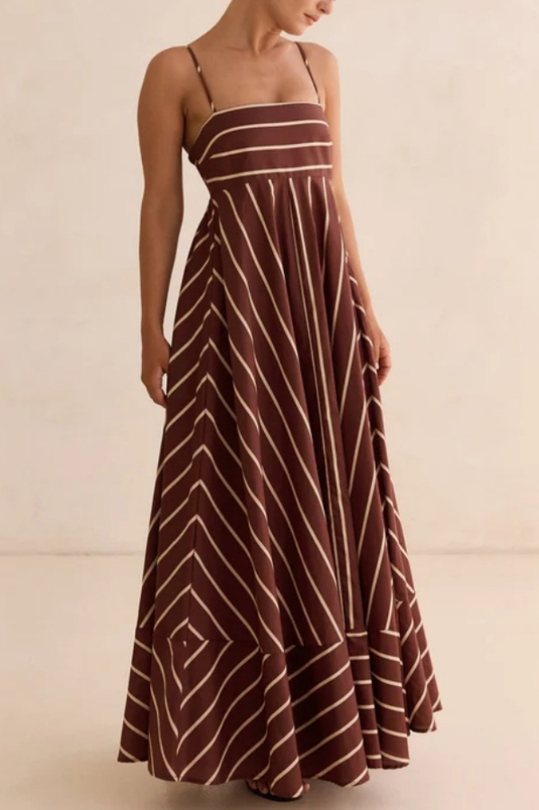 Striped Print Square Neck Spaghetti Strap High Waist Casual Maxi Dress