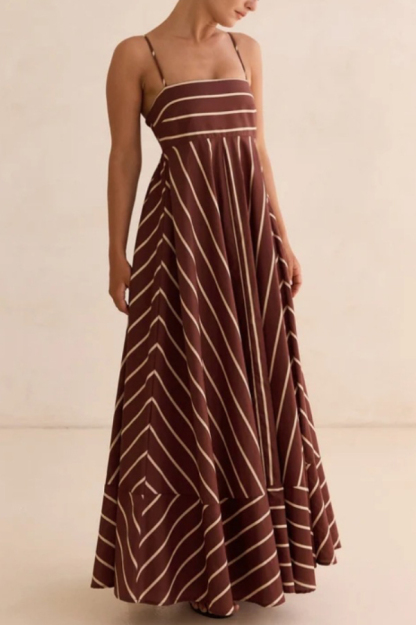 Striped Print Square Neck Spaghetti Strap High Waist Casual Maxi Dress