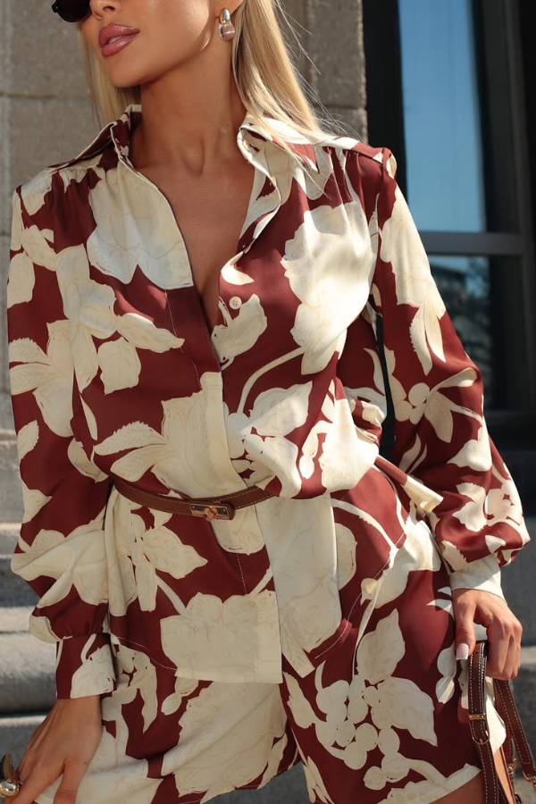 Botanical Print Collared Long-sleeved Loose-fitting Shirt and Elastic Waist Casual Shorts Set-Consonak