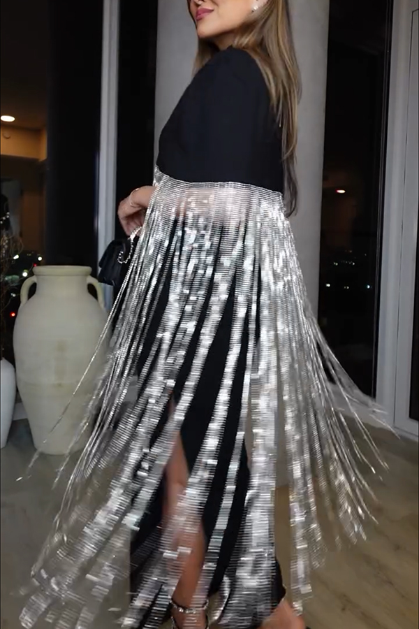 New Level Shiny Tassel Stand Neck Crop Cape Blouse-consonak