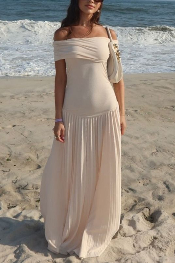 Sexy Off-shoulder Slim Fit Pleated Maxi Dress-consonak