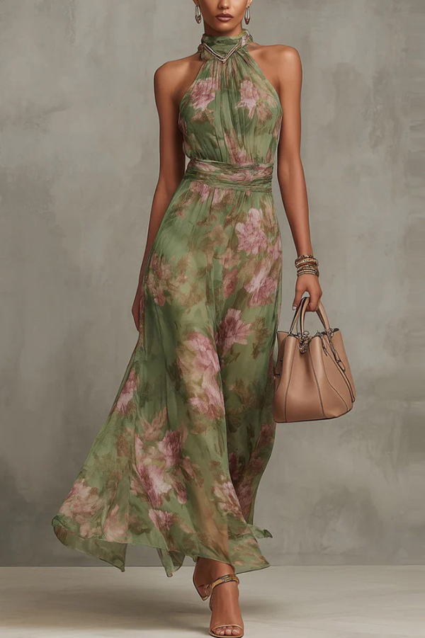 Floral Print Halter Neck Sleeveless Fitted Waist Casual Vacation Maxi Dress | Consonak