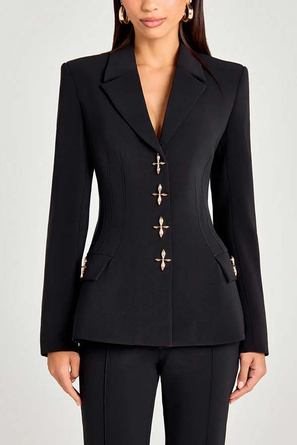 Women Power Metal Cross Snap Button Long Sleeve Lapel Blazer-consonak