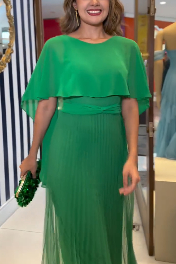 Ready for Holiday Cape Sleeve Tie-up Pleated Maxi Dress-consonak