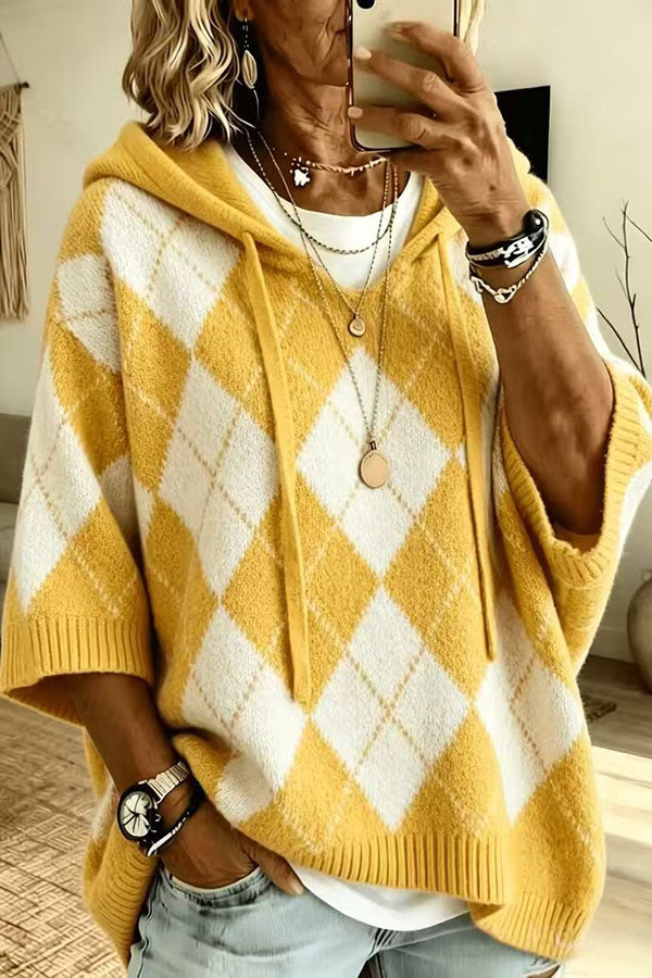 Comfortable and Casual Knit Color-blocked Plaid Print Half Sleeve Hoodie Sweater-Consonak