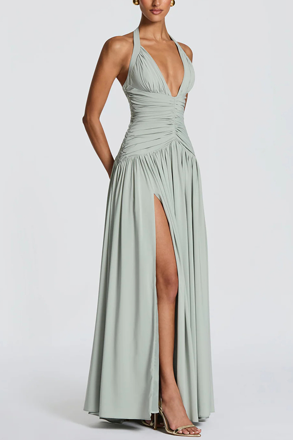 Amaris Halter Tie-up V-neck Ruched Detail Back Lace-up Slit Drape Maxi Dress | Consonak