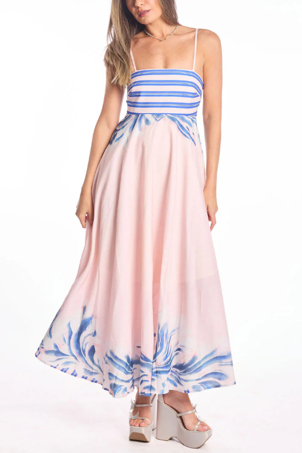 Unique Print Square Neck Spaghetti Strap Back Gathered Maxi Dress