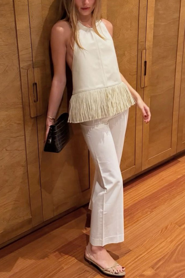 Stylish Halter Neck Sleeveless Leather Tassel Loose Top