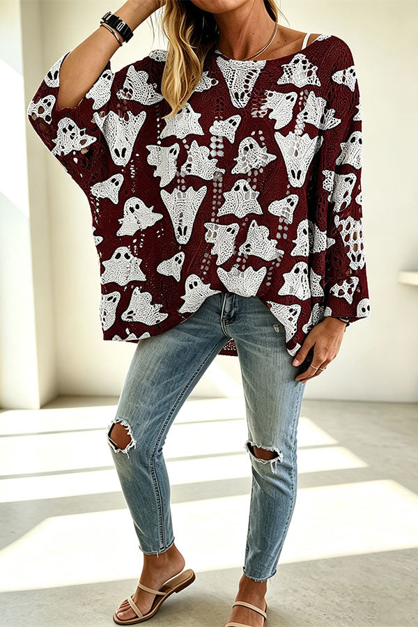 Halloween Pumpkin & Bat Hollow Out Knit Oversized Sweater-Consonak