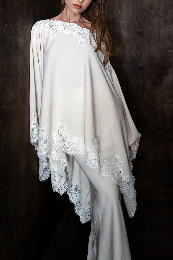 Like A Swan Satin Lace Trim Off Shoulder Wide Sleeve Cape Top-consonak