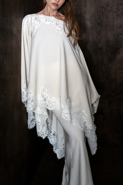 Like A Swan Satin Lace Trim Off Shoulder Wide Sleeve Cape Top-consonak