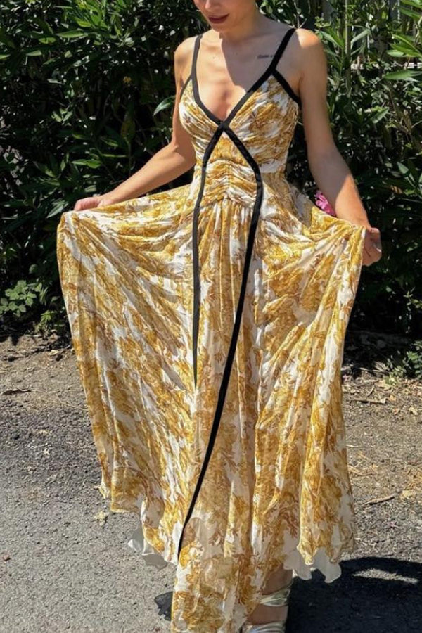 Violet Contrast Unique Print Pleated Backless Strappy Maxi Dress-consonak